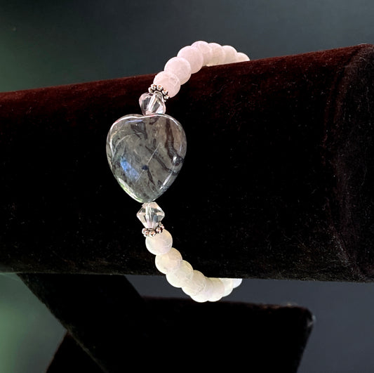 Frosted White Agate Gemstones, Chinese Crazy Lace Agate Heart, and Clear Quartz bracelet