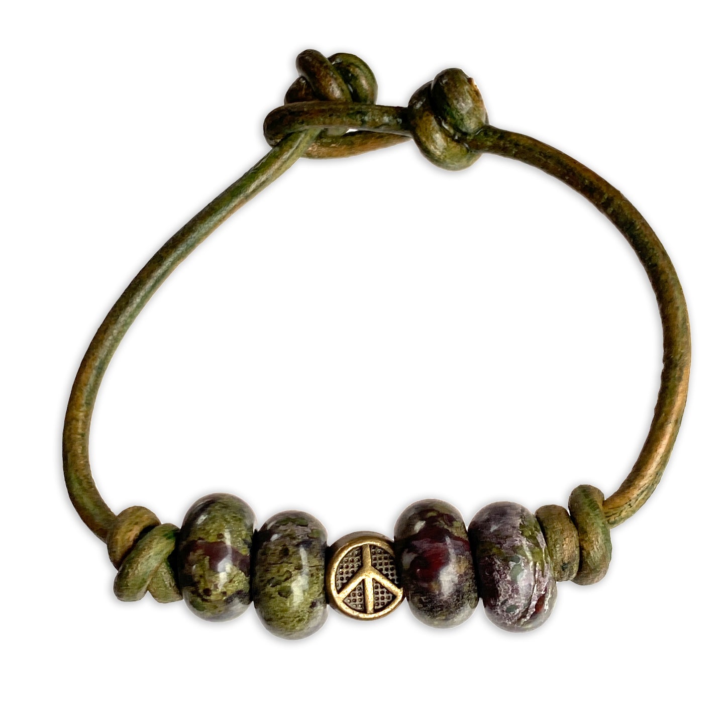 Dragon's Bloodstone Gemstone and Leather Peace Bracelet