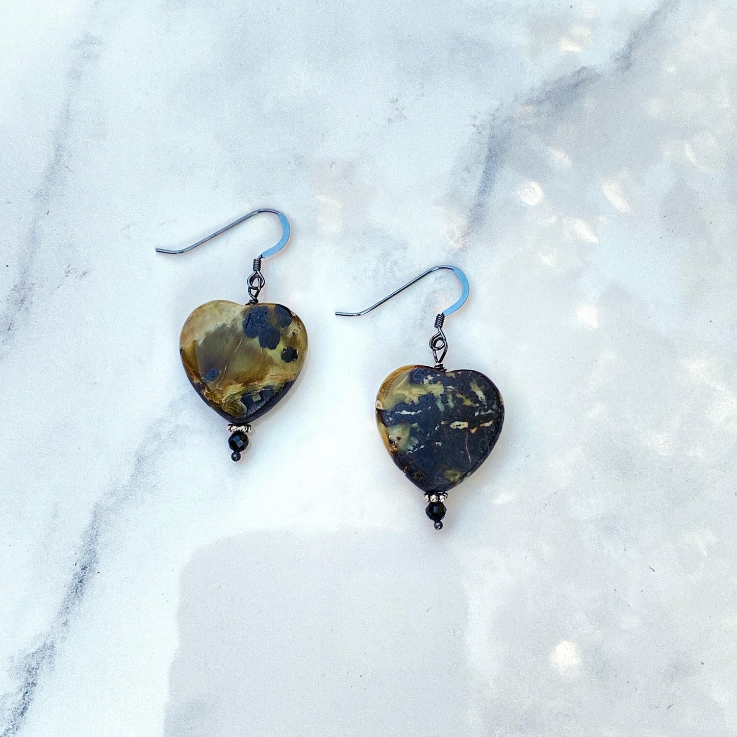 Yellow Turquoise Gemstone Hearts and Oxidized Sterling Silver Drop Earrings