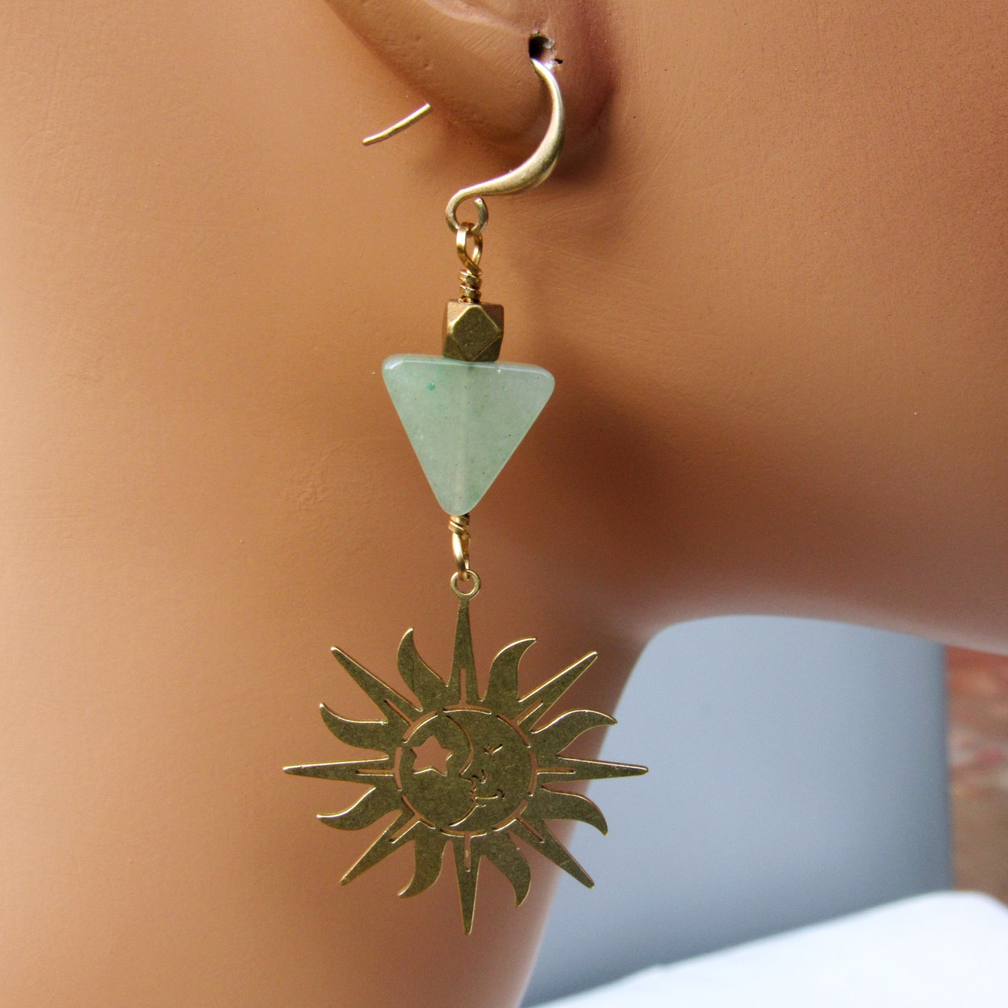 Brass Sun and Green Aventurine gemstone Drop Earrings