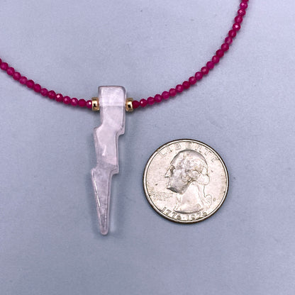 Rose Quartz Lighting Bolt with Hot Pink Jade Gemstone and 14 Kt Rose GF Necklace