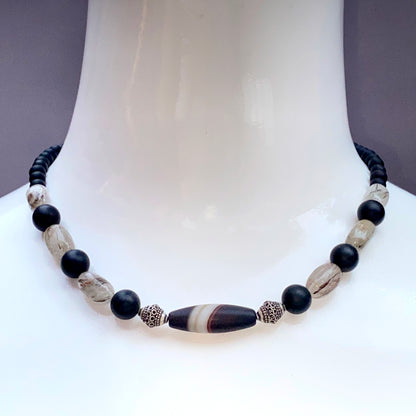 Tibetan Agate, Sterling Silver, Onyx, and Rutilated Quartz,