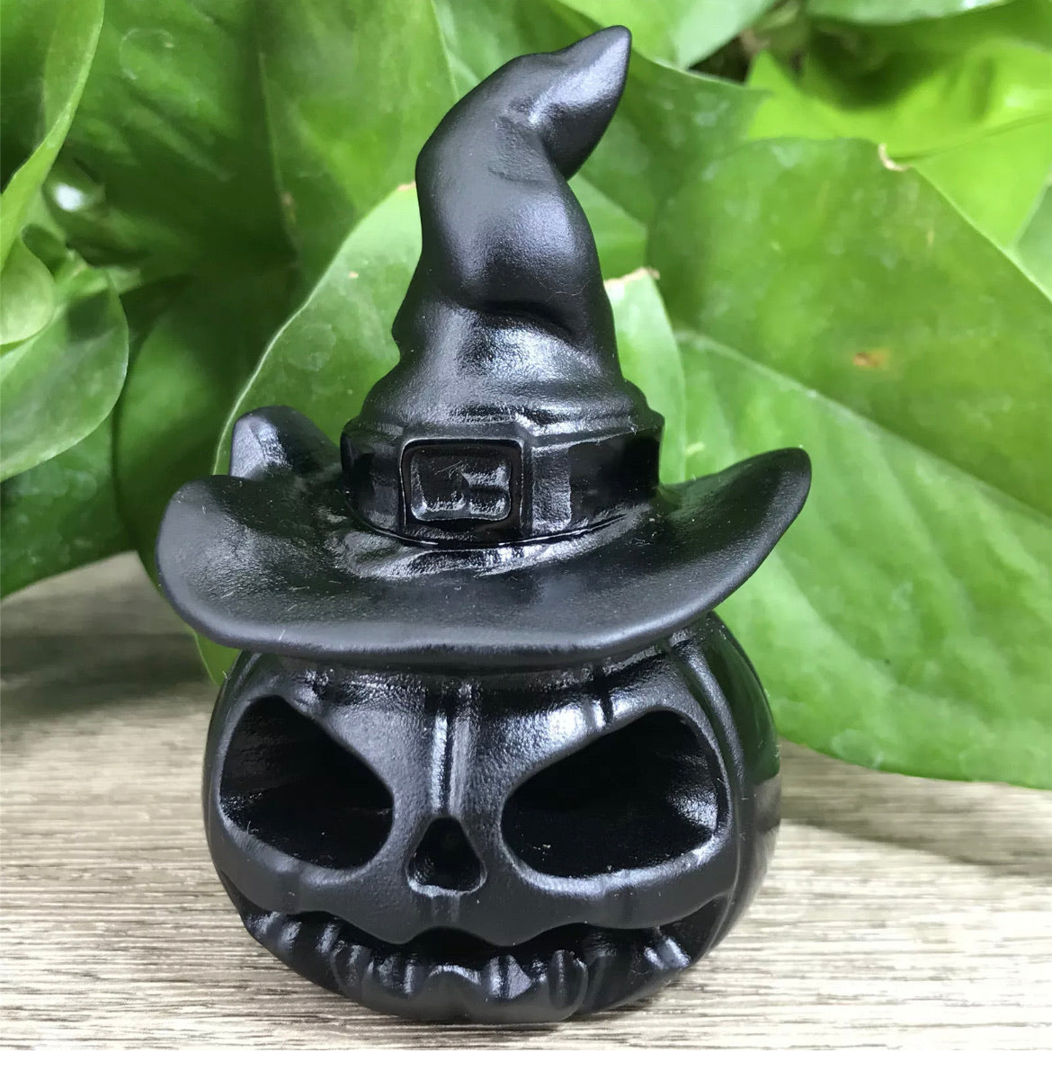 Black Obsidian gemstone carved Hallowee Pumpkin Witch