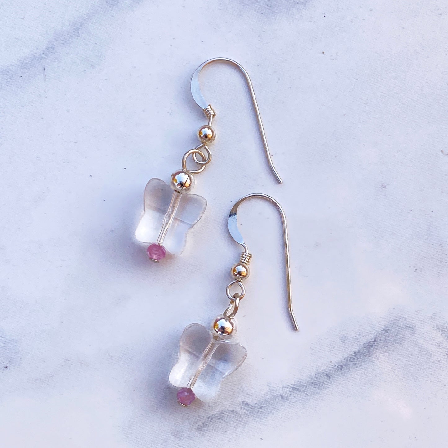 Clear Quartz Butterflies with Pink Sapphires and Sterling Silver Drop Earrings