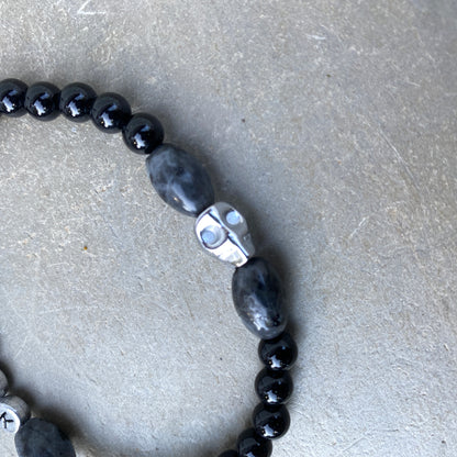 Men’s onyx and black labradorite "Fuck" stretch bracelet