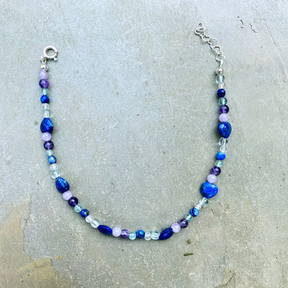 Beautiful Lapis Lazuli heart, clear quartz, fluorite, amethyst, sterling silver anklet