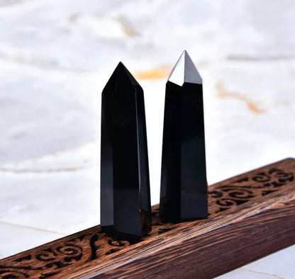 Natural Black Obsidian Quartz Obelisk Healing Crystal Point Wand Reiki