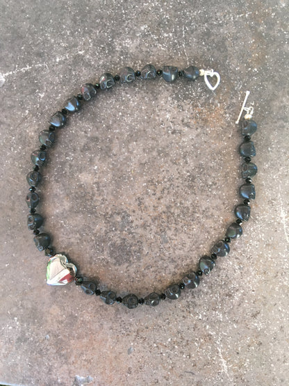 Black Skull & Crystal with Hematite gemstone heart Necklace