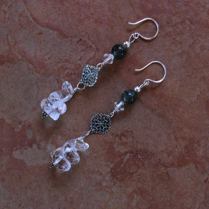 Clear Quartz Snake, Silver Moonstones, Sterling Silver Drop Earrings