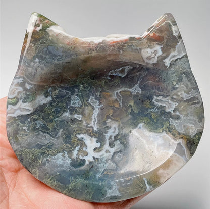 Natural Moss Agate Kitty Cat jewelry dish