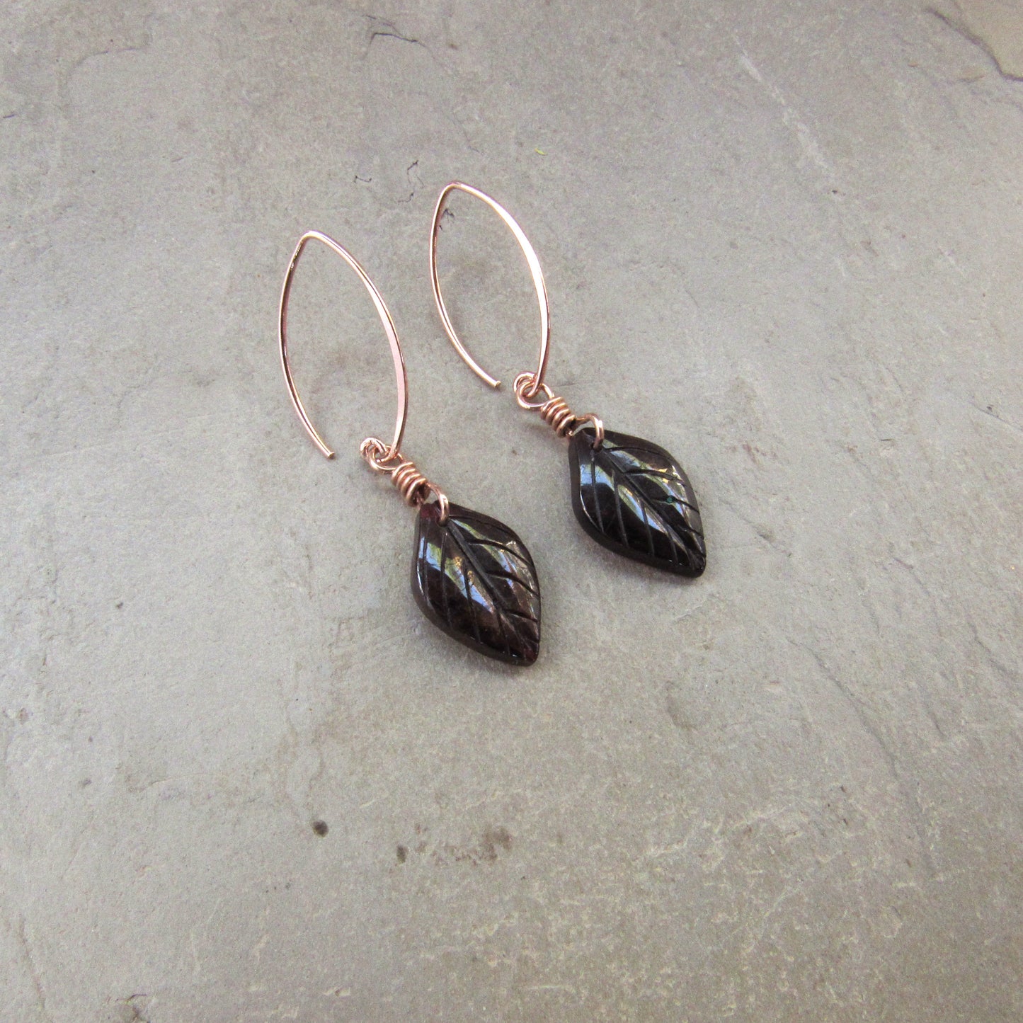 Genuine Garnet Leaf Carved Earrings Hand Wrapped with Silver Vermeil Wire