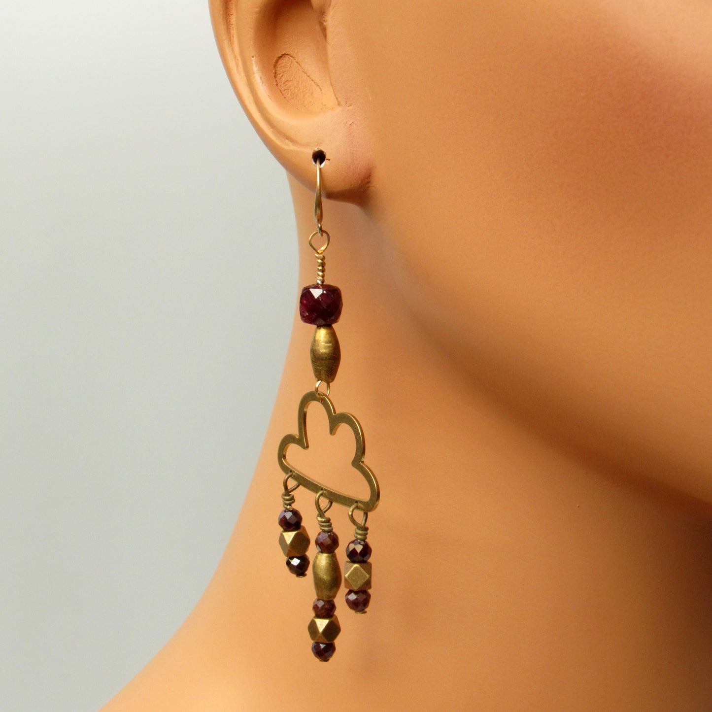 Raw Brass Cloud and Garnet gemstone Rain Drop Earrings