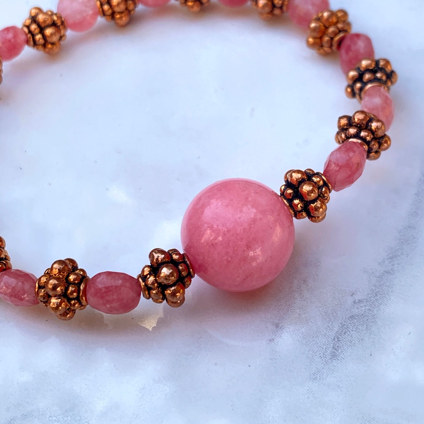 Rhodochrosite gemstone and copper stretch bracelet