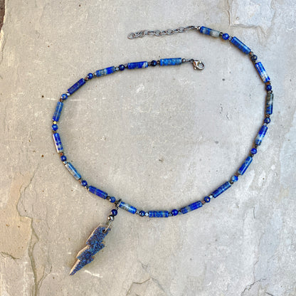 Women’s Blue Druzy Bolt Wired w/ Oxidized Sterling Silver and Lapis Lazuli Necklace