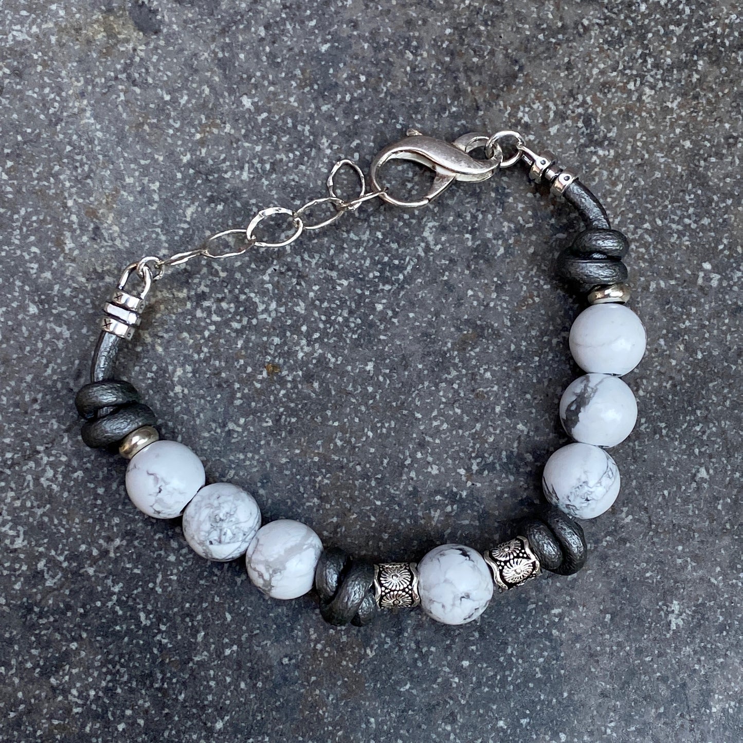 Women’s Howlite gemstone and Sterling Silver Bracelet on Leather