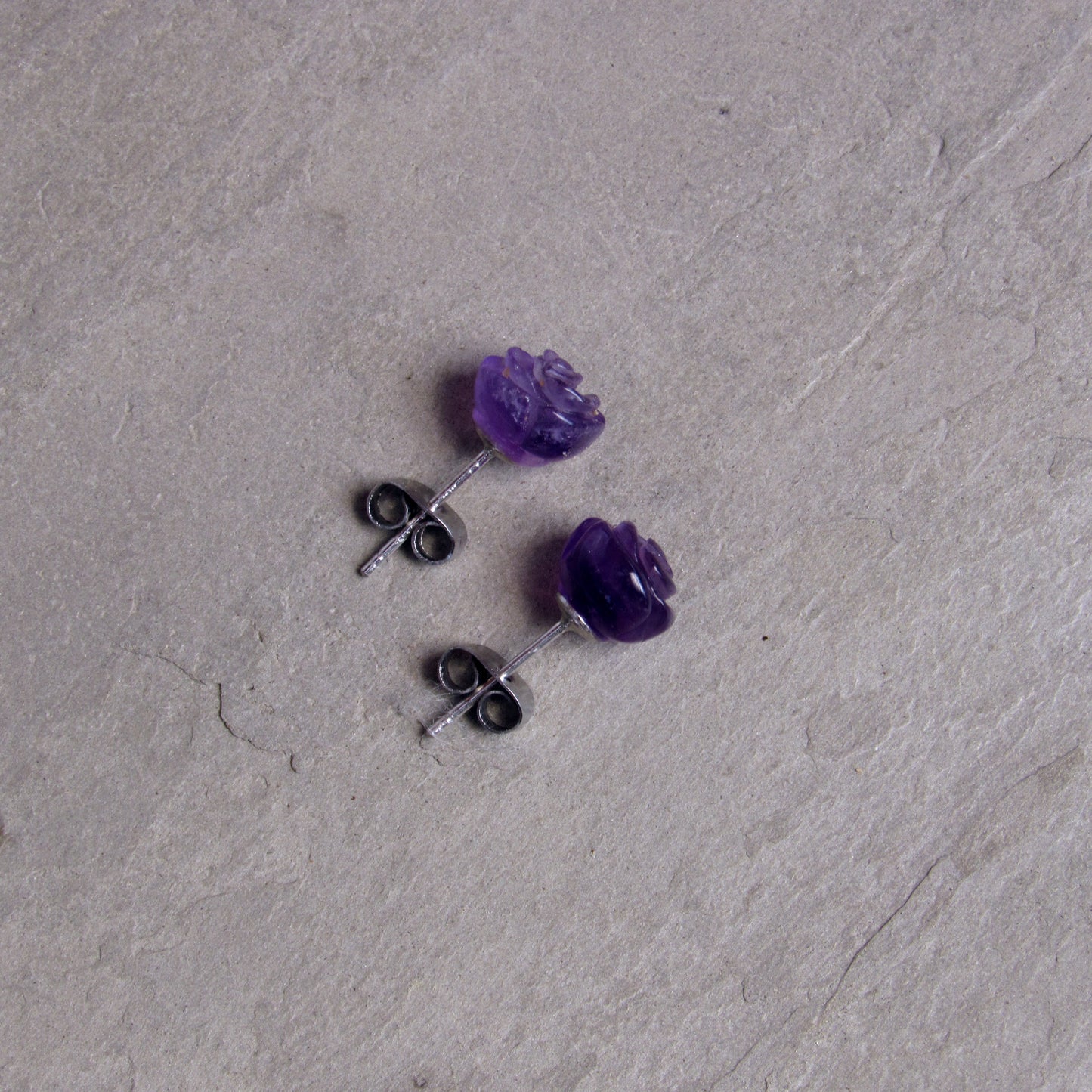 Amethyst gemstone Rose Earrings on Sterling Silver Posts