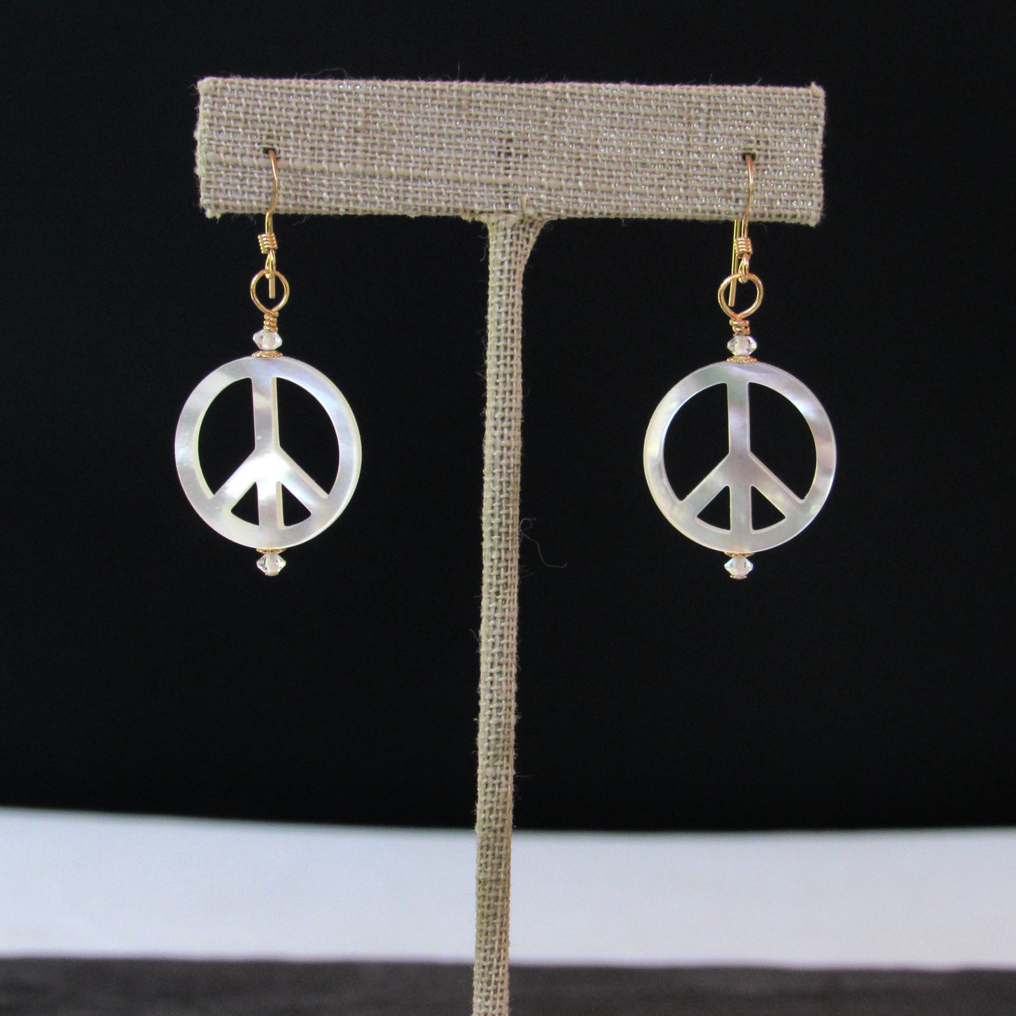 Mother of Pearl Peace Sign w/ White Topaz gemstone Drop Earrings