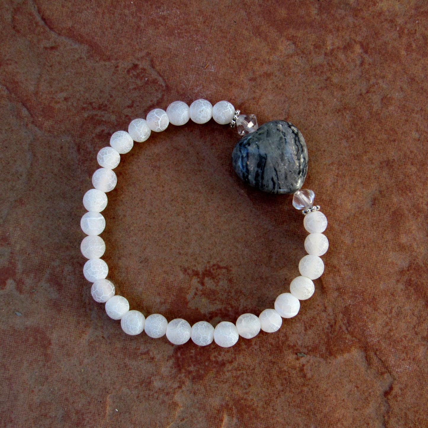Frosted White Agate Gemstones, Chinese Crazy Lace Agate Heart, and Clear Quartz bracelet