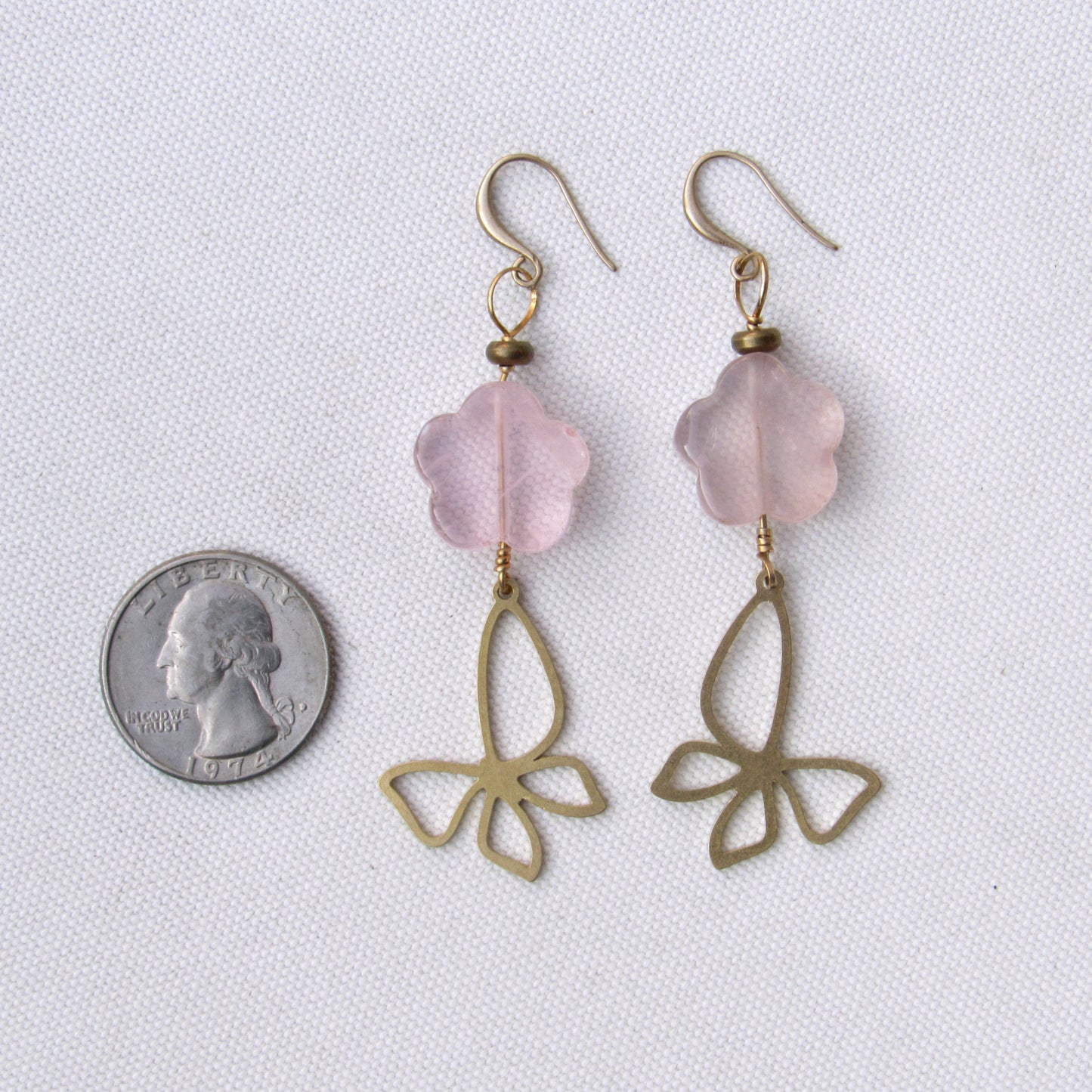 Rose Quartz gemstone  Flowered Brass Butterfly Drop Earrings