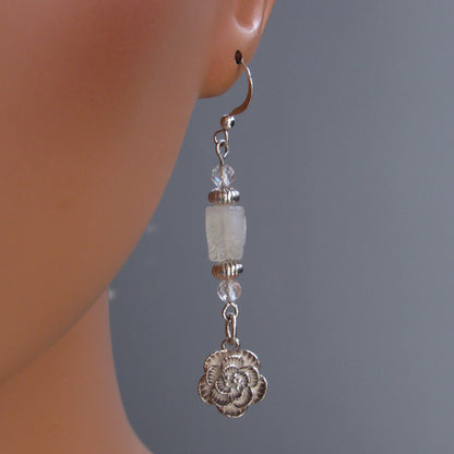 Moonstone and White Topaz gemstone Sterling silver flowers, drop earrings