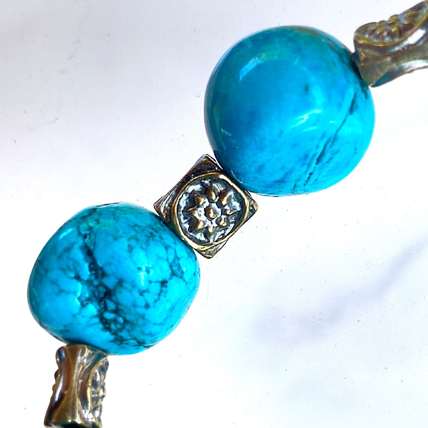 Turquoise gemstone and Brass Flower Beaded Bracelet