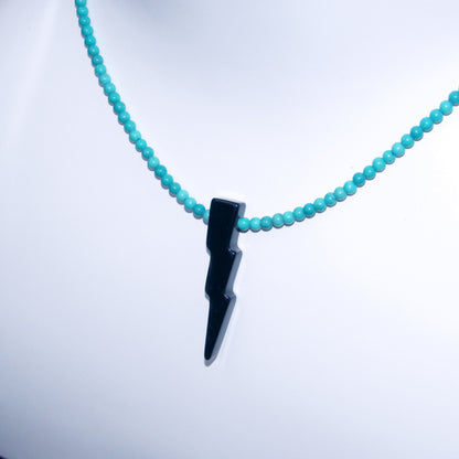 Black Agate Gemstone Lightning Bolt, Genuine Turquoise w/ Oxidized Sterling Silver