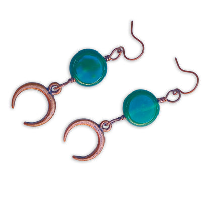 Green Onyx gemstone wrapped copper Moon dangle earrings