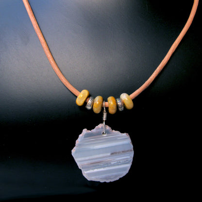 Grey Striped Agate gemstone, Yellow jasper, Sterling Silver on Leather Necklace