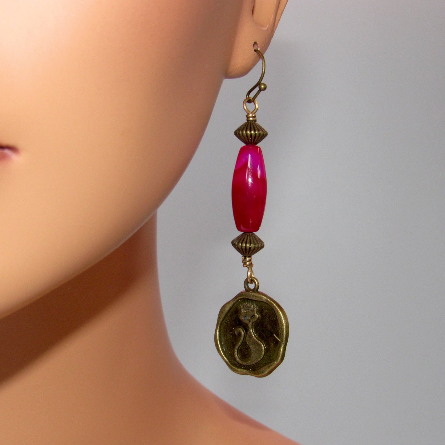 Pink Agate gemstone and Brass Kitty Cat Drop Earrings