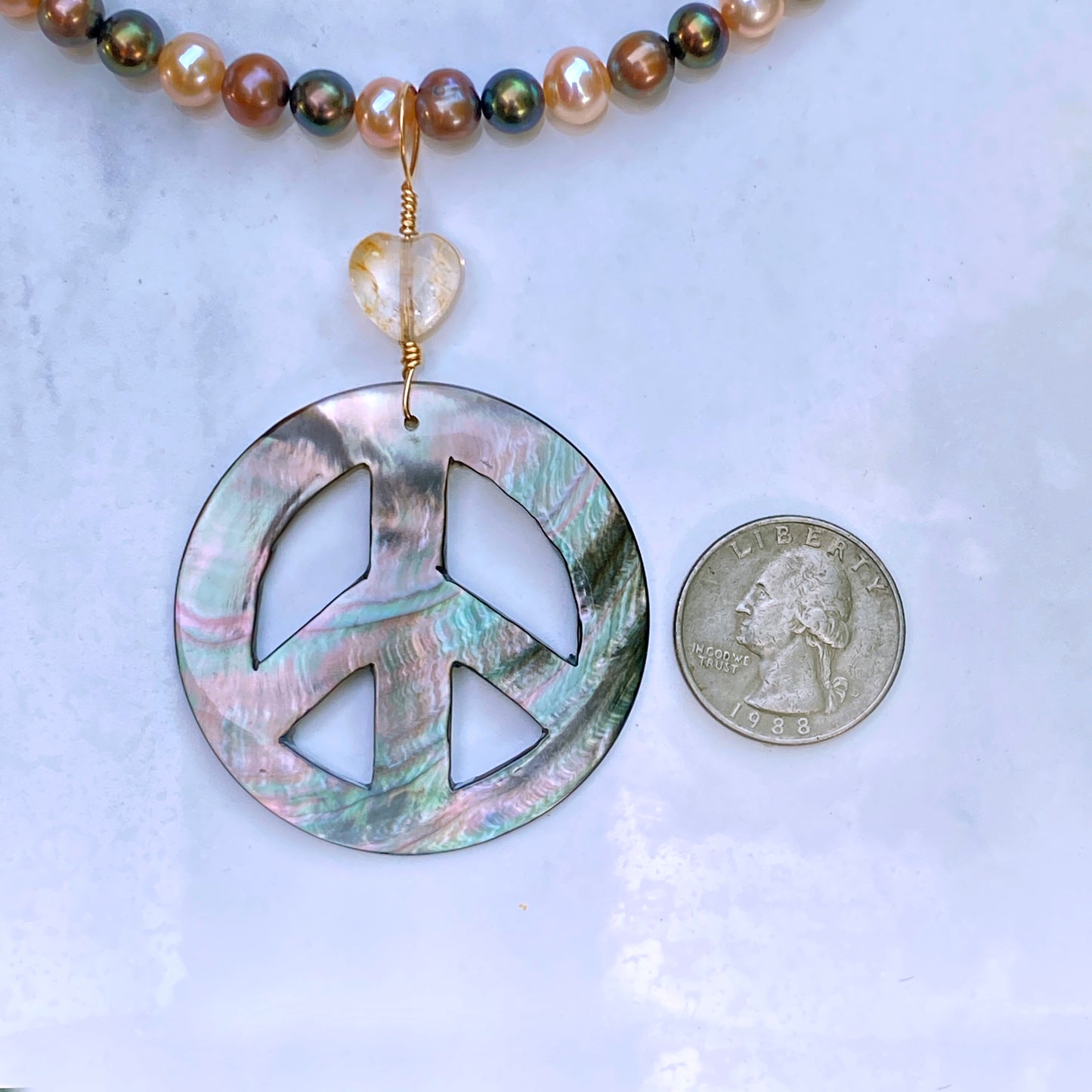 Abalone Peace Sign Hand Wrapped w/ 14 kt gf w/ Citrine Heart on Freshwater Pearls