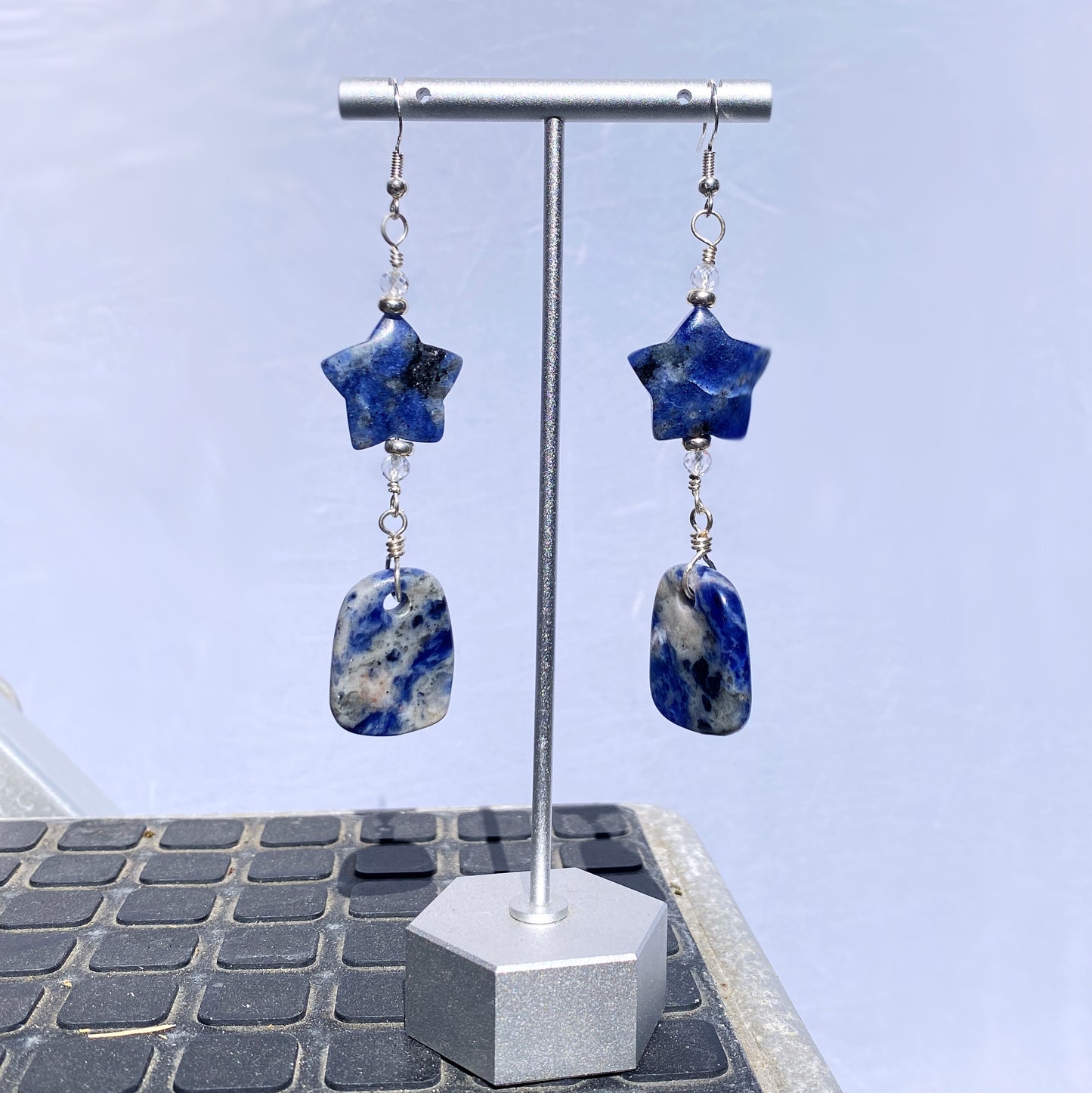 Sodalite Gemstone Star, White Topaz and Sterling Silver Drop Earrings