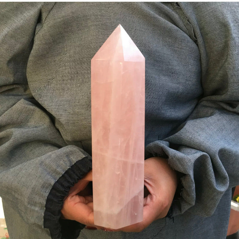 Natural  pink rose quartz gemstone crystal tower point obelisk