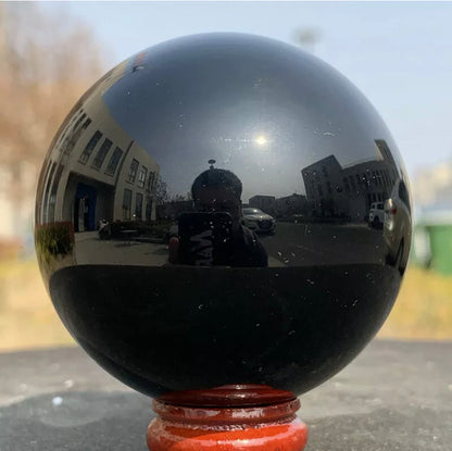 Natural Black Obsidian Sphere Healing Stone + Free Stand