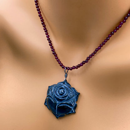 Carved Black Jade Rose Pendant hand wrapped beaded Garnet Gemstone Necklace