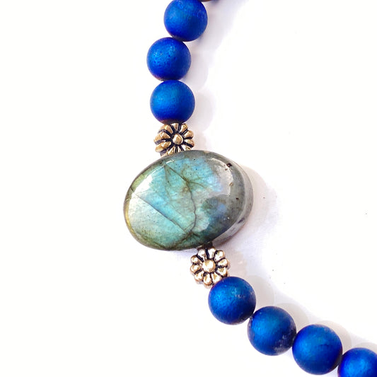 Labradorite, Blue Druzy Agates, and Sterling Silver Stretch Bracelet