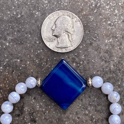 Blue Agate, Blue Lace Agate, Sterling Silver Stretch Bracelet