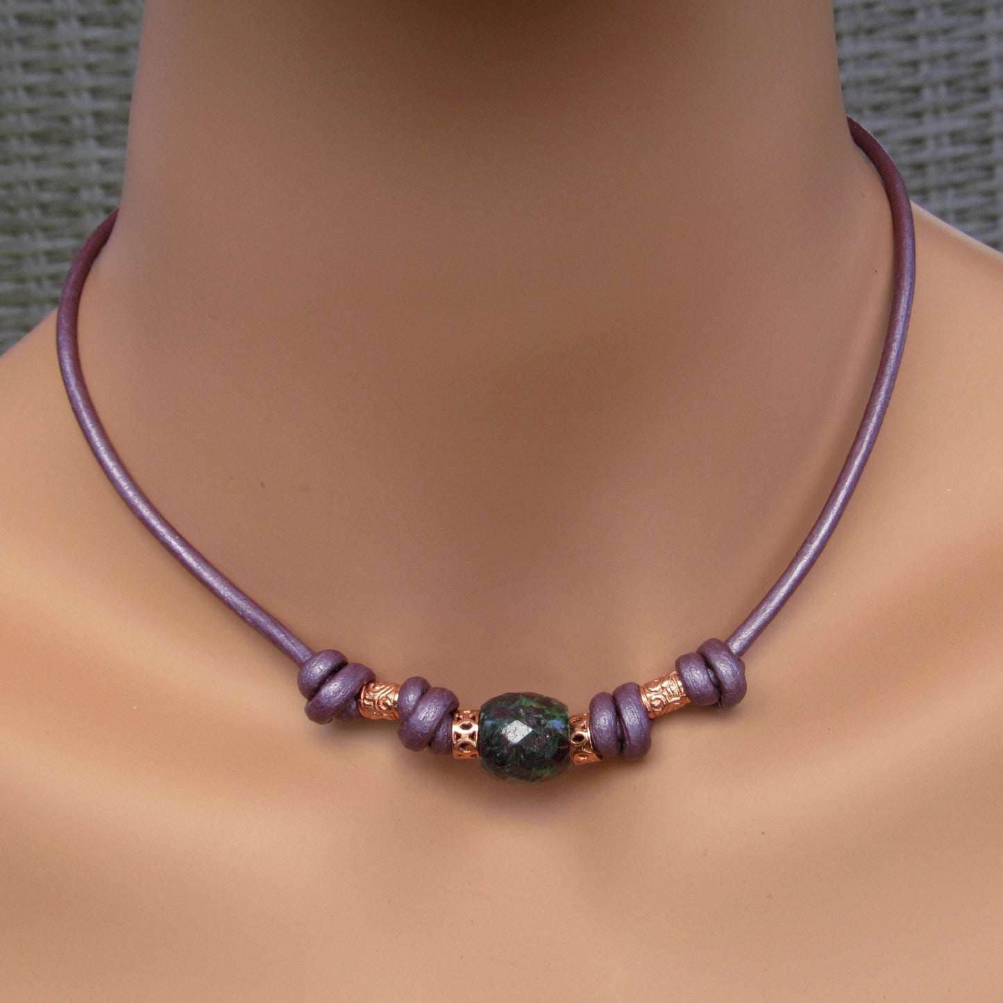 Ruby Zoisite and Copper Hand Knotted on Leather necklace