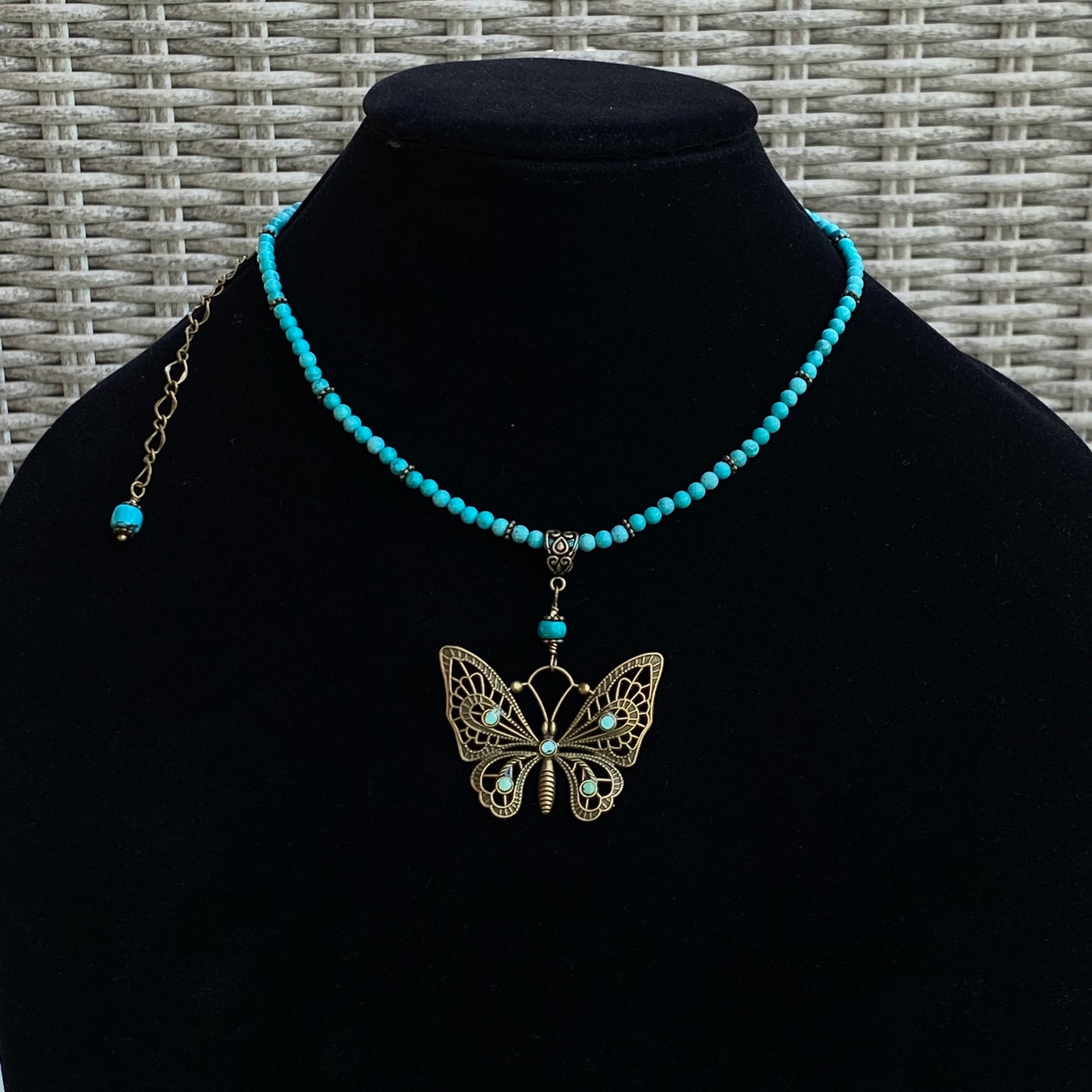 Natural Turquoise gemstone  and Brass Butterfly pendant beaded necklace