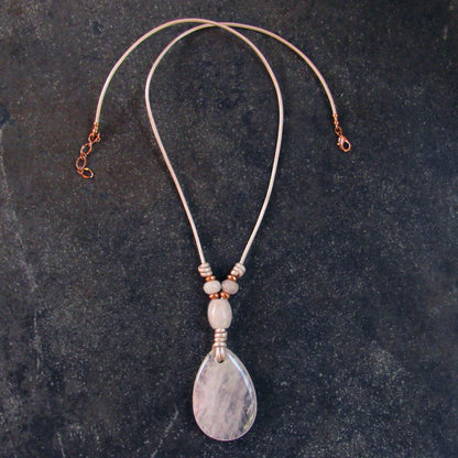 Rose Quartz and Copper on Pink Leather Necklace