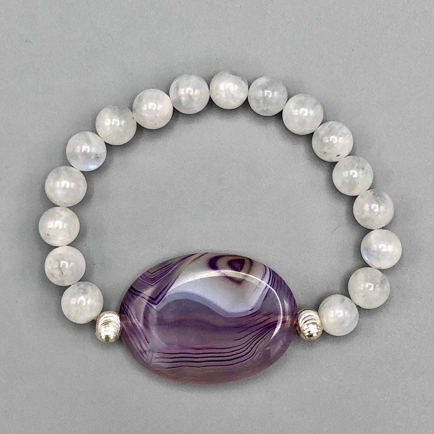 Purple Banded Agate with Moonstones and Sterling Silver Women’s Chunky Stretch Bracelet