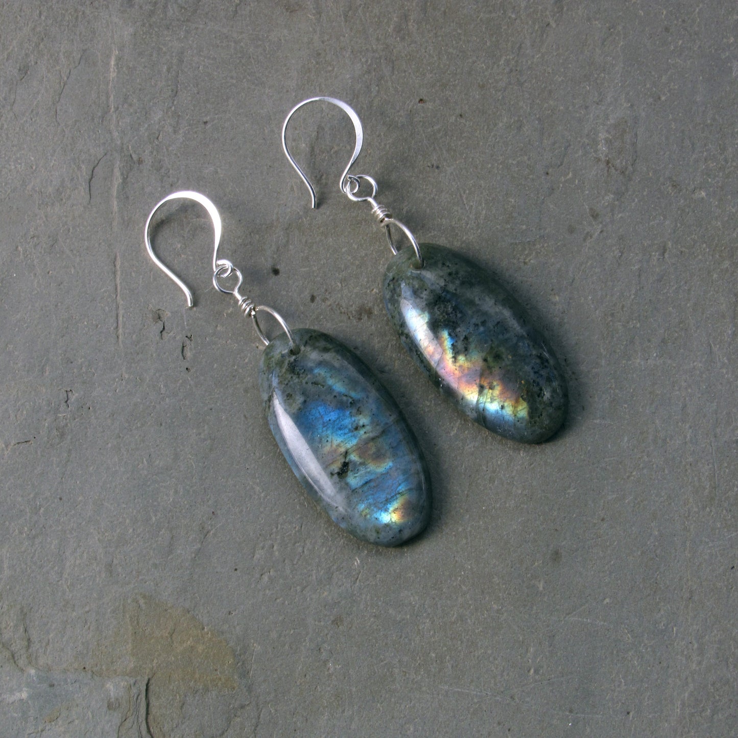 Labradorite Gemstones Hand Wrapped with Sterling Silver Drop Earrings