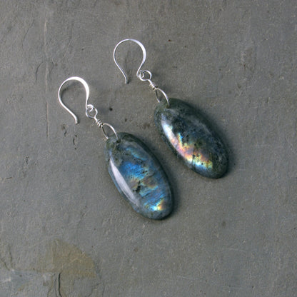 Labradorite Gemstones Hand Wrapped with Sterling Silver Drop Earrings