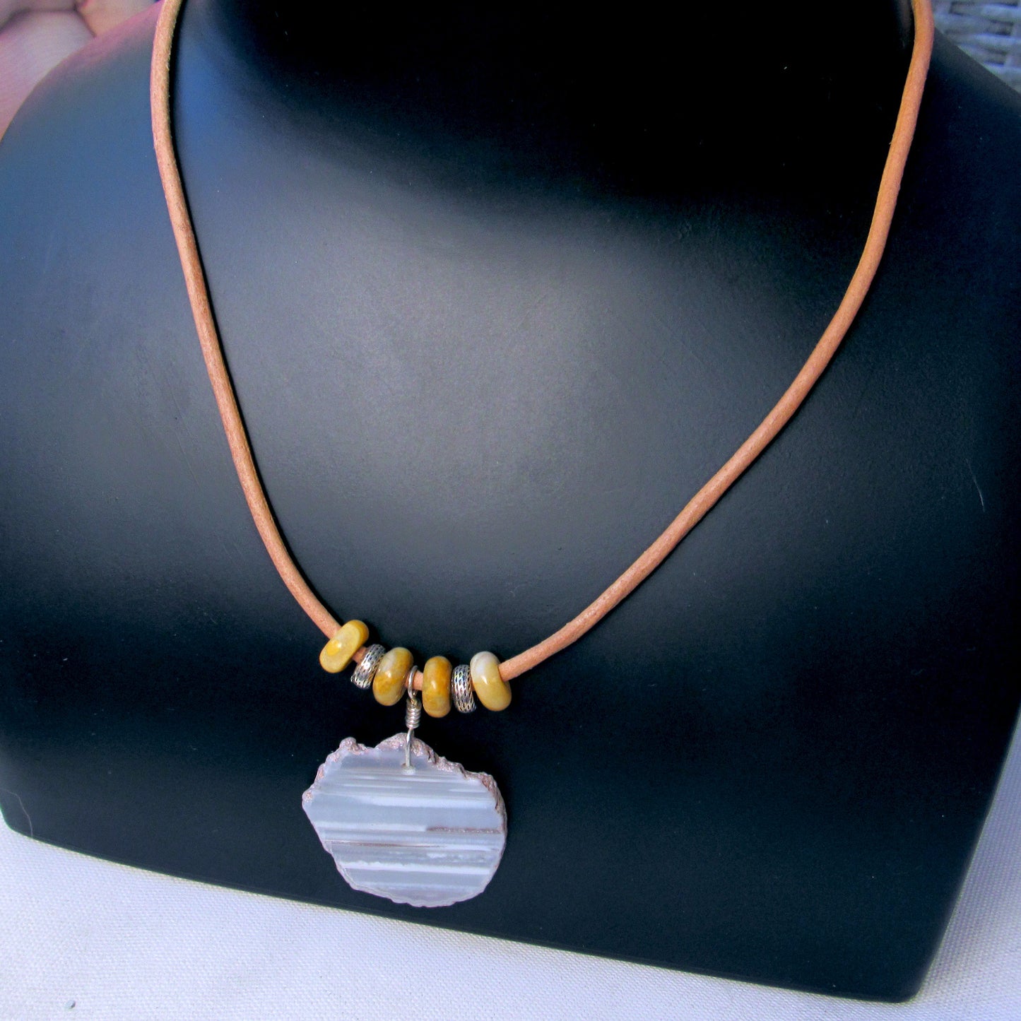 Grey Striped Agate gemstone, Yellow jasper, Sterling Silver on Leather Necklace