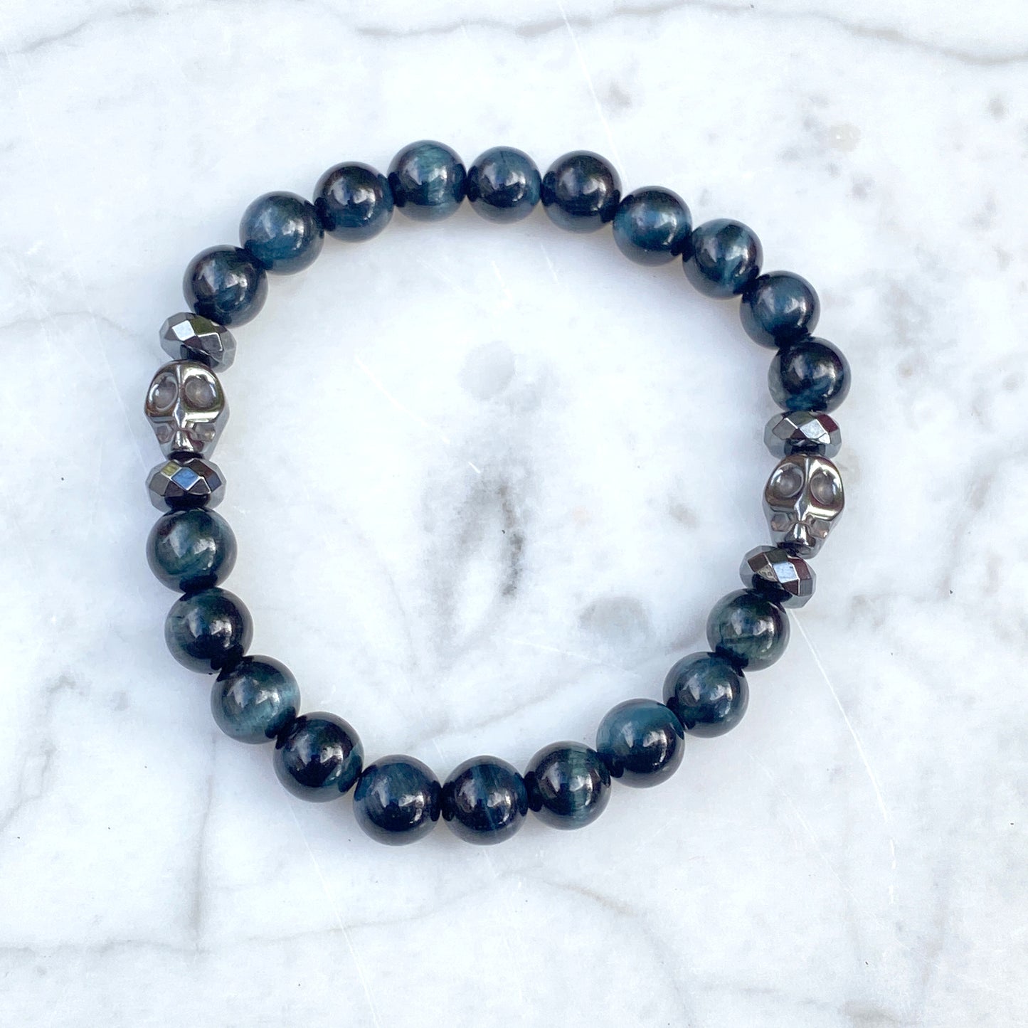 Blue Tiger Eye and Hematite Skull Stretch Bracelet