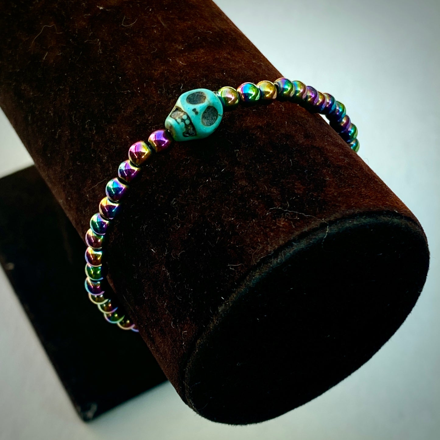 Rainbow Hematite gemstone with Howlite Skull bracelet