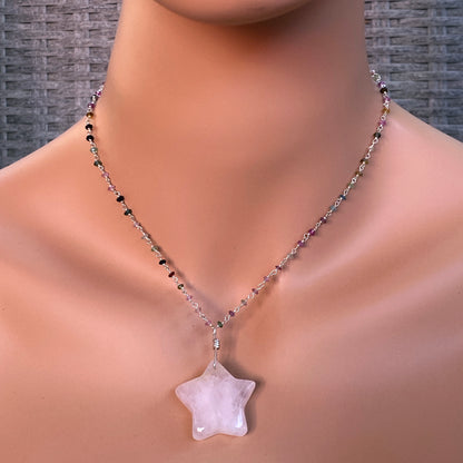 Rose Quartz Star on Mixed Tourmaline and Sterling Silver