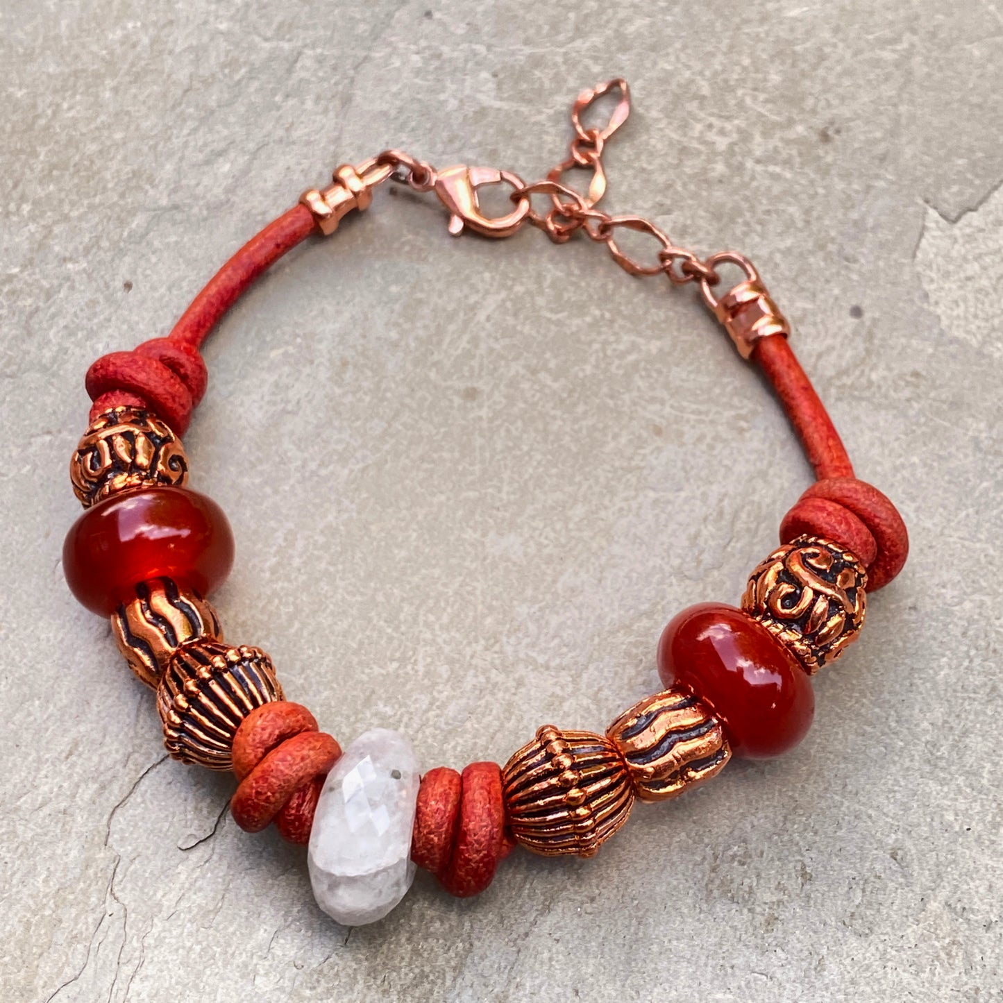 Moonstone gemstone with Red Agate and Copper on Red Leather clasp Bracelet