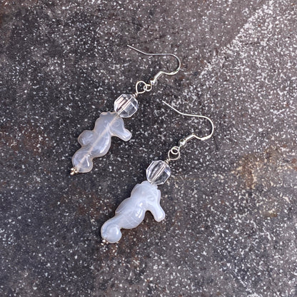 Grey Agate gemstone Seahorses, Clear Quartz, and Sterling Silver Drop Earrings