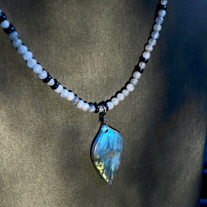 Labradorite Leaf Pedant W/ Oxidized Sterling Silver Gemstone Necklace