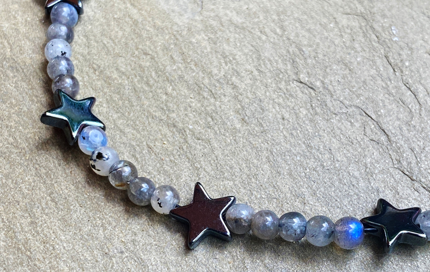 White labradorite and hematite gemstone star with oxidized sterling silver